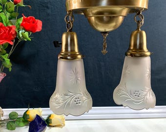 Brass Pan Pendant Light: Iridescent Frosted Glass Globes, Refurbished Light