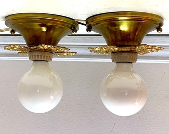 Exposed Bulb Flush Mount Beam Lights with Decorative Brass Ring Rustic Cabin/Farmhouse Decor Cottage Light