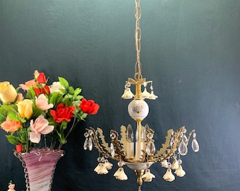 Vintage Brass and Porcelain Chandelier, Clear Crystals, Rewired, Made in Spain