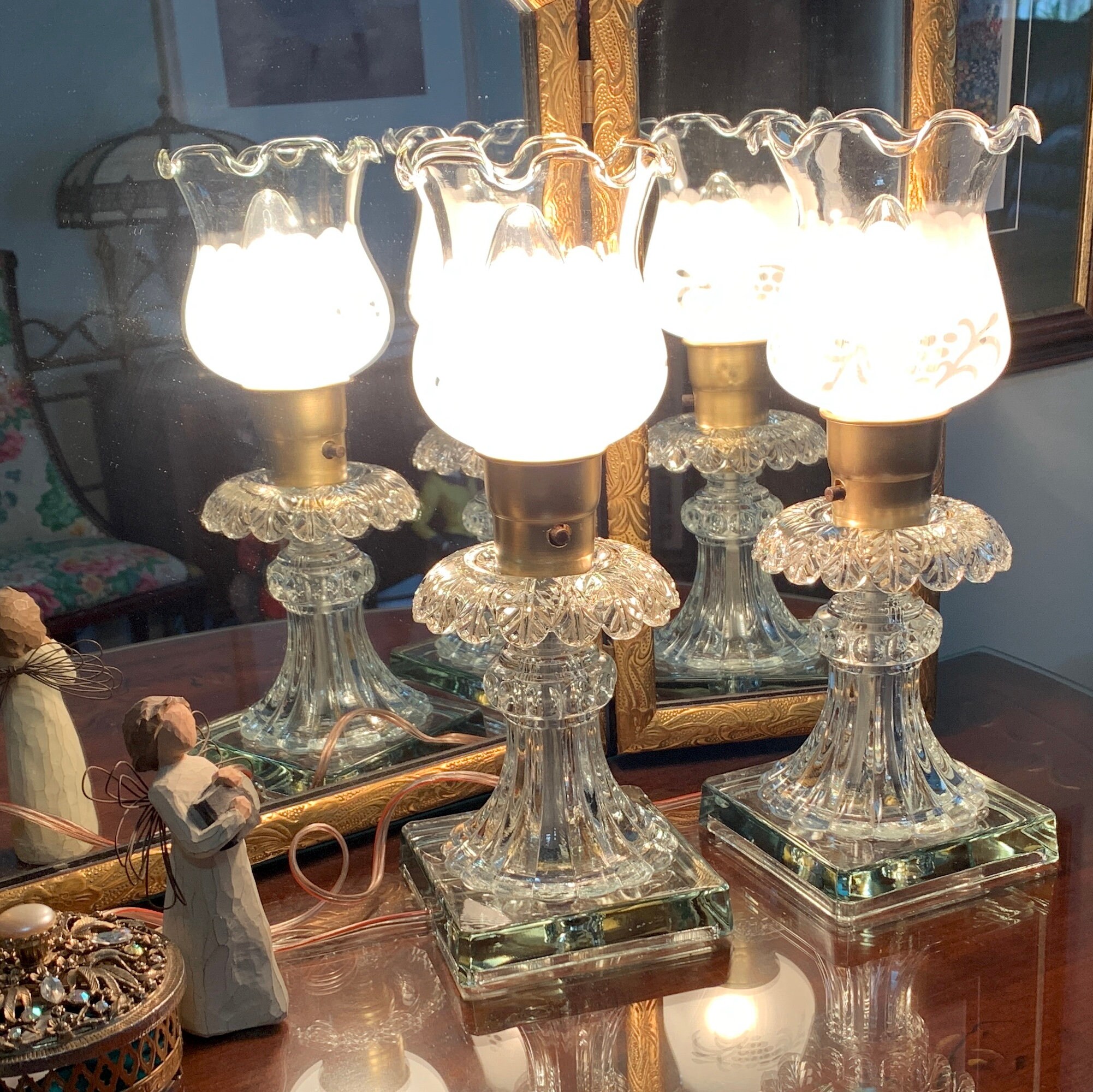 Pair Crystal Hurricane Boudoir Art Deco Lamps Mantle Lamps Etsy