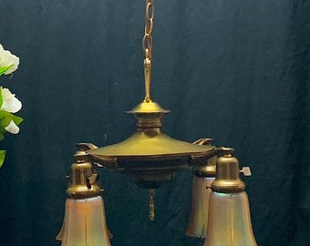 Victorian 4-Arm Brass Pan Chandelier, Signed NuArt Shades, c1900s