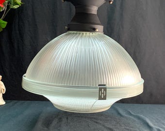 Holophane Industrial Pendant Light, Prismatic Globe, Garage Kitchen Fixture, 1940s