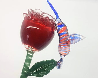 Glass Rose and Hummingbird Sculpture. Flower Sculpture.