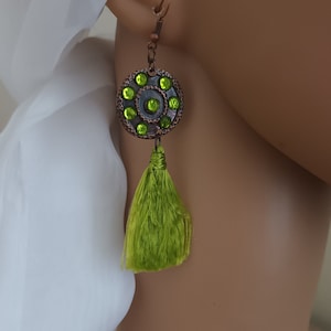 Boho tassel earrings with green crystals and copper element, bohemian green earrings with silk tassel and crystals