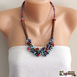 Colorful multistrand boho necklace with stones and cinnamon, bohemian beaded necklace with rainbow semiprecious stones, Art necklace organic
