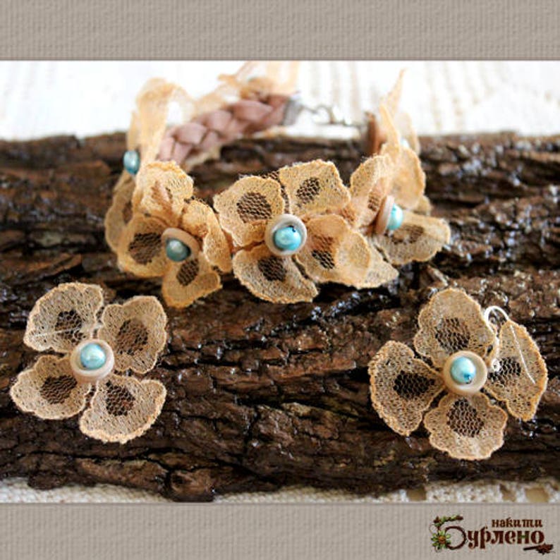 Set bracelet and earrings with blue natural pearls and lace bohemian set with freshwater pearls and real Intertwined leather cord