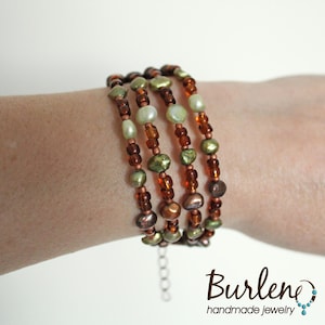 Boho Pearl Beaded Bracelet, Brown Green Gemstone, Copper Clasp