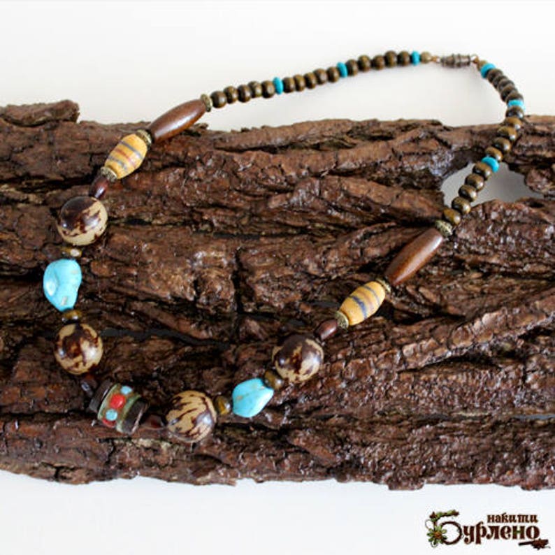 Necklace with natural ethnic authentic seed beads and wood organic boho beaded necklace with stone fruits and howlite in turquoise color