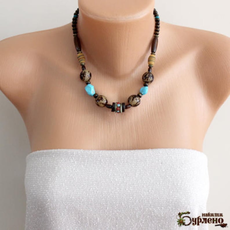 Necklace with natural ethnic authentic seed beads and wood organic boho beaded necklace with stone fruits and howlite in turquoise color