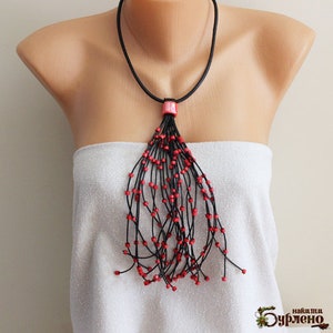 Necklace with ceramic  and wooden beads, Art necklace, Red beads feature necklace, Necklace with red accents, Geometric beaded necklace