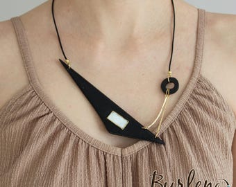 Wooden geometric necklace with mother of pearl, Asymmetrical geometric necklace with triangular wooden elements and nacre, Art necklace