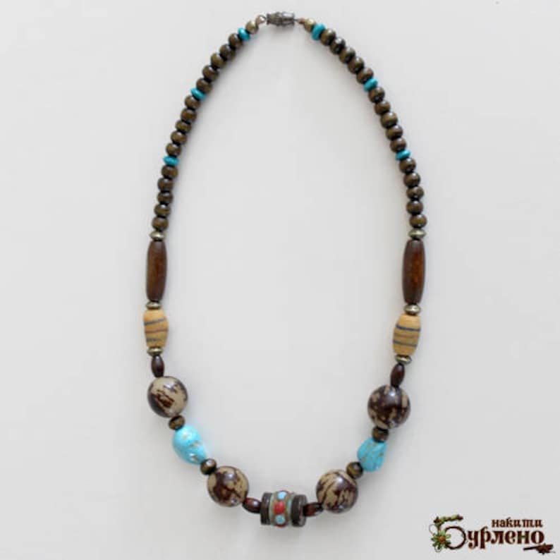 Necklace with natural ethnic authentic seed beads and wood organic boho beaded necklace with stone fruits and howlite in turquoise color