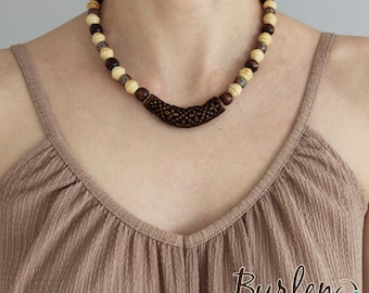 Beaded necklace with a resin carved element and with wooden and glass beads, boho chic, bohemian necklace  in brown and white color
