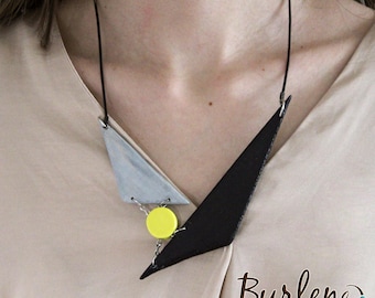 Asymmetrical geometric necklace with triangular wooden elements in black gray yellow color, Geometric art bib yellow gray wooden necklace