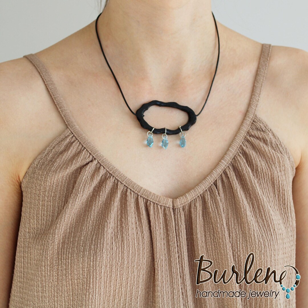 Pendant Necklace a Black Rainy Cloud With Blue Drops, Wooden Pendant ...