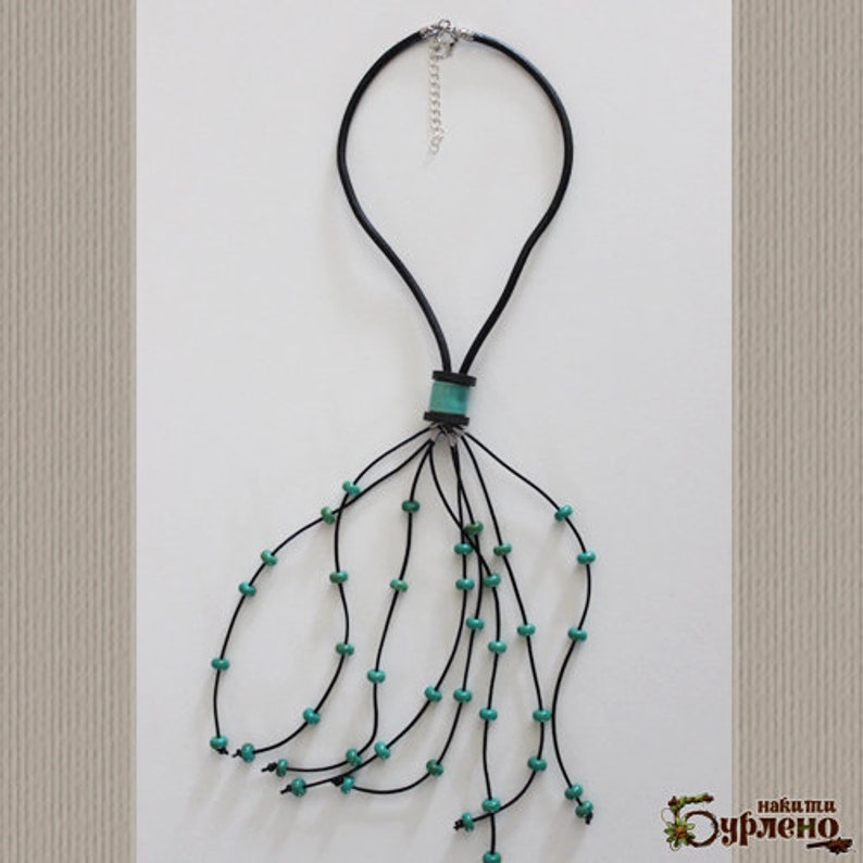 Long pendant blue necklace Boho pendant necklace with turquoise beads Art necklace with a blue semiprecious stone and black lether cords
