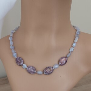 Beaded necklace with chalcedony and purple czech crystal beads, necklace with semiprecious stones, gemstones bright necklace with crystals