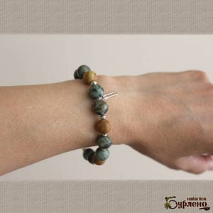 Boho beaded gemstone bracelet with 10 mm african turquoise and jasper beads and sterling silver, beaded bracelet with semiprecious stones