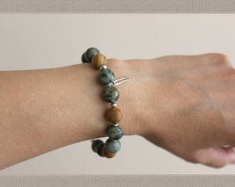 Boho Perlen Edelstein Armband mit 10 mm afrikanischen Türkis und Jaspis Perlen und Sterling Silber, Perlen Armband mit Halbedelsteinen