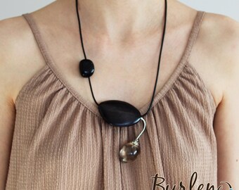 Asymmetrische Anhänger Halskette mit Rauchquarz und schwarzem Onyx, Kristall Anhänger Halskette, Edelsteine Halskette, Halbedelsteine Halskette