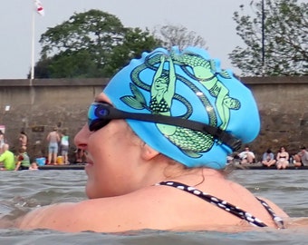 Long hair swim hat - "Spots and Stripes" - Nancy Farmer swimming hat / swim cap. Open water swimming.