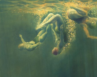 Art print - 'The Wednesday Swimmers' - From a painting by Nancy Farmer. Open water swimming, wild swimming. Underwater swimmer.