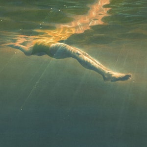 Art print by Nancy Farmer - 'Floating' - from a swimmer painting - Open water swimming, wild swimming. Underwater swimmer.