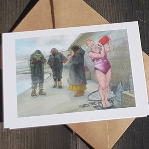 Wenskaart voor koudwaterzwemmer: 'Hilary doet het anders', winterzwemmen bij Clevedon Marine Lake, tekening door Nancy Farmer