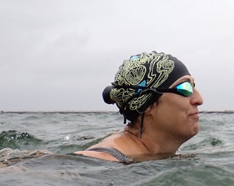 Long hair swim hat - "Jellyfish Maze" - Nancy Farmer swimming hat / swim cap. Open water swimming.