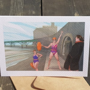 Clevedon Pier wenskaart: 'Mary gaat zwemmen', zeezwemmen na de lockdown in Clevedon, tekening door Nancy Farmer