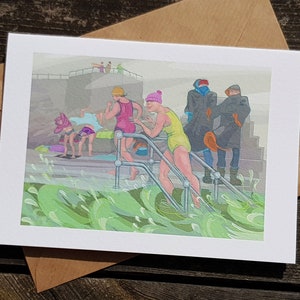 May include: A painting of people entering a cold water swimming pool. The people are wearing swimsuits and hats. The water is green and choppy. The people are smiling and seem to be enjoying themselves.