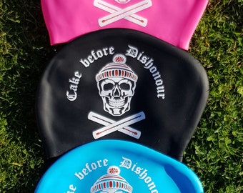 Long hair size - "Cake Before Dishonour" - winter swim hat / pirate swimming hat by Nancy Farmer. Skull and Crossbones