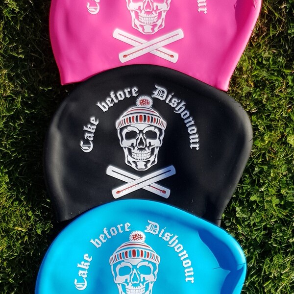 Long hair size - "Cake Before Dishonour" - winter swim hat / pirate swimming hat by Nancy Farmer. Skull and Crossbones