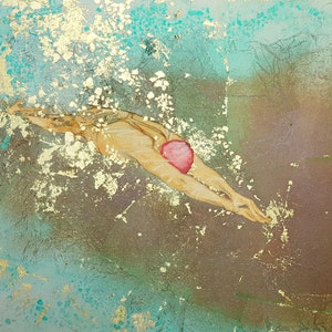 Art print - 'Bubbles II' - from a painting by Nancy Farmer. Open water swimming, wild swimming. Underwater swimmer.