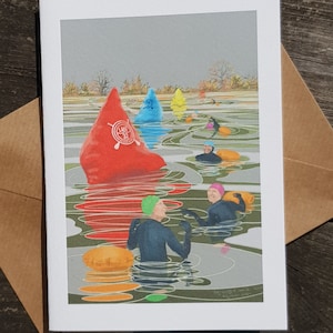 Wenskaart door Nancy Farmer: "Nippy Dipping at Lake 32" - synchroonzwemmen in de open lucht, koud water, Clevedon Marine Lake.
