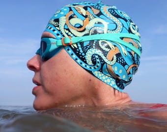 Swim cap - "Medusa" by Nancy Farmer. All-over snakes printed swimming hat.  Open water, wild swimming, swim buddy gift