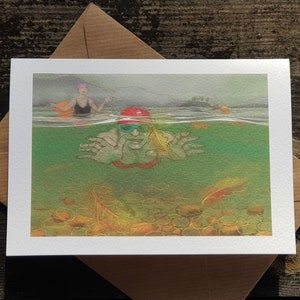 Carte de voeux de Nancy Farmer : « L'automne à Derwentwater » - natation en plein air, sous-marine, eau froide, Lake District, Cumbria.