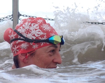 Long hair swimming hat "Swimflakes"  by Nancy Farmer - on high quality silicone - snowflake synchronized swimmers on a swim cap