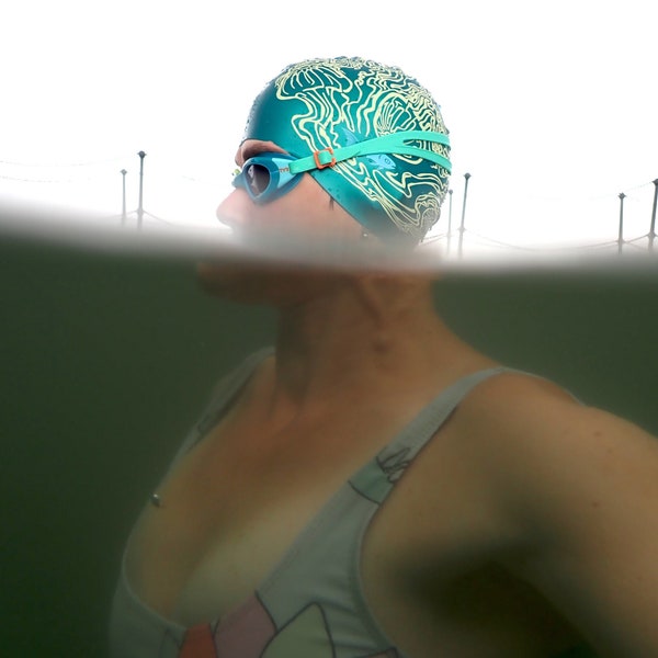 Swim hat designed by Nancy Farmer "Jellyfish Maze" - silicone swimming cap, outdoor swimming.