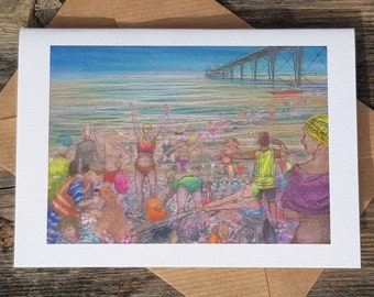 greetings card by Nancy Farmer - 'Clevedon Long Swim' - sea swimmers, swimming event