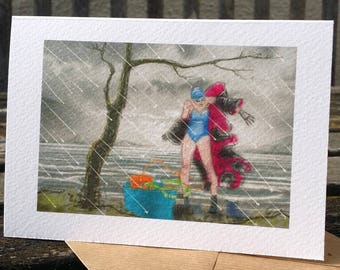 Tarjeta de felicitación: «Cosas que hacer un domingo lluvioso en Cumbria»: natación en aguas abiertas, Buttermere