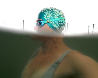 Swim hat designed by Nancy Farmer "Jellyfish Maze" - silicone swimming cap, outdoor swimming.