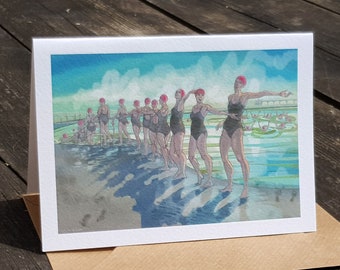 Greetings card by Nancy Farmer: “A Lovely Line of Duckies” - outdoor synchro swimming, cold water, Clevedon Marine Lake.