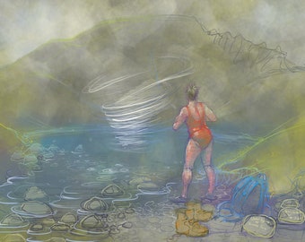 Nancy Farmer art print - 'Watersprite at Scales Tarn' - open water swimming, swimming in tarns in Cumbria