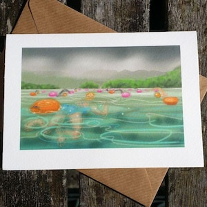 zwemmer wenskaart: 'Naar Wildcat Island en verder!' - kunstkaart, zwemmen in open water, triatlon, Chillswim Coniston, door Nancy Farmer