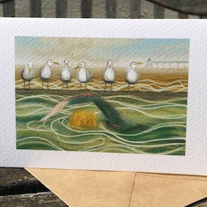 wenskaart: meeuwen en een zwemmer, zwemmend in wetsuit, 'Clevedon Marine Lake'