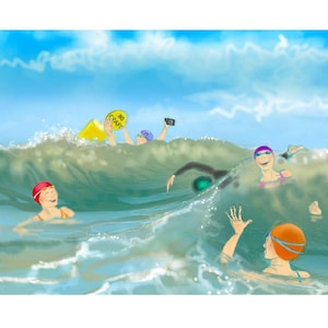 Wenskaart zeezwemmer: 'A Bouncy Day at Poole' - kunstkaart, zwemmen in open water