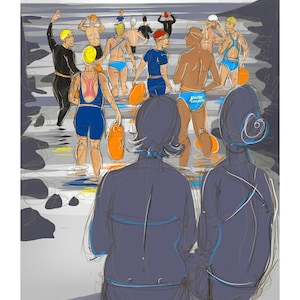 May include: A group of people in swimsuits and swim caps are standing in the water. They are holding orange and yellow flotation devices. Two people are standing in the foreground, looking at the group in the water. The text "I'm with this bloke, he'll just get in and swim..." is written at the bottom of the image.