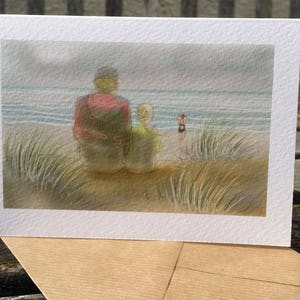 wenskaart: 'The Watchers on the Beach', zeezwemmer, aan de kust van Norfolk. Zwemmen in open water