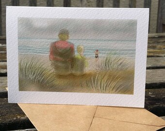 greetings card: &#39;The Watchers on the Beach&#39;, sea swimmer, on the Norfolk coast. Open water swimming